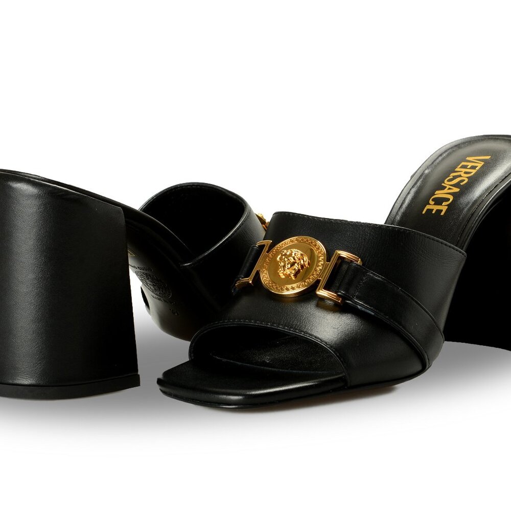 Versace Women's Black 100% Leather Gold Medusa Mules Sandals Shoes US 7 IT 37 - Picture 8 of 8